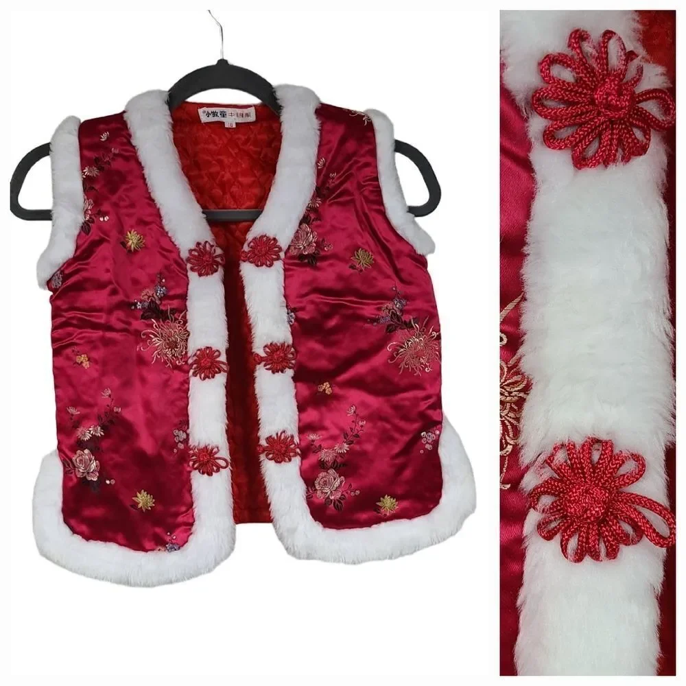 Chinese New Year Brocade Vest Kids 10 Red Satin Faux Fur Lunar Festival Unisex